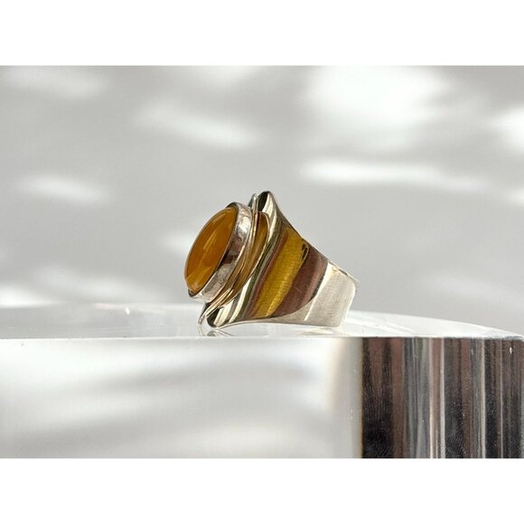 Butterscotch Natural Amber Modernist  XL 925 Sterling Silver Vintage Ring - sz 7 - Picture 5 of 11